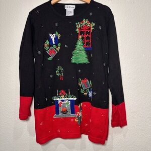 Vintage Festive Black and Red Christmas Sweater Large